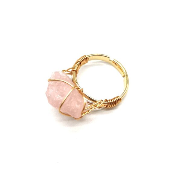 3/$35 Gold Plated Wire Wrapped Ring Natural Stone Pink Crystal Jewelry - Picture 1 of 4